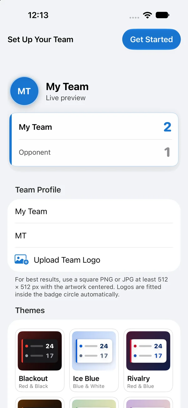Set Up Your Team screen with a team name, initials and a live scoreboard preview