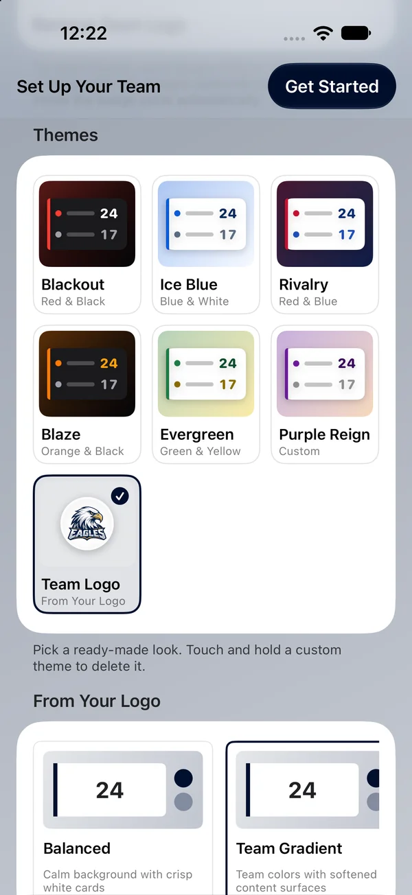 Theme picker with ready-made themes and styles generated from the team logo