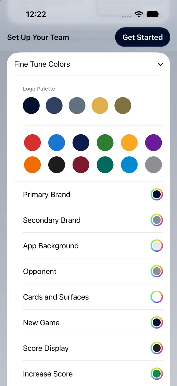 Fine Tune Colors screen with a palette taken from the team logo