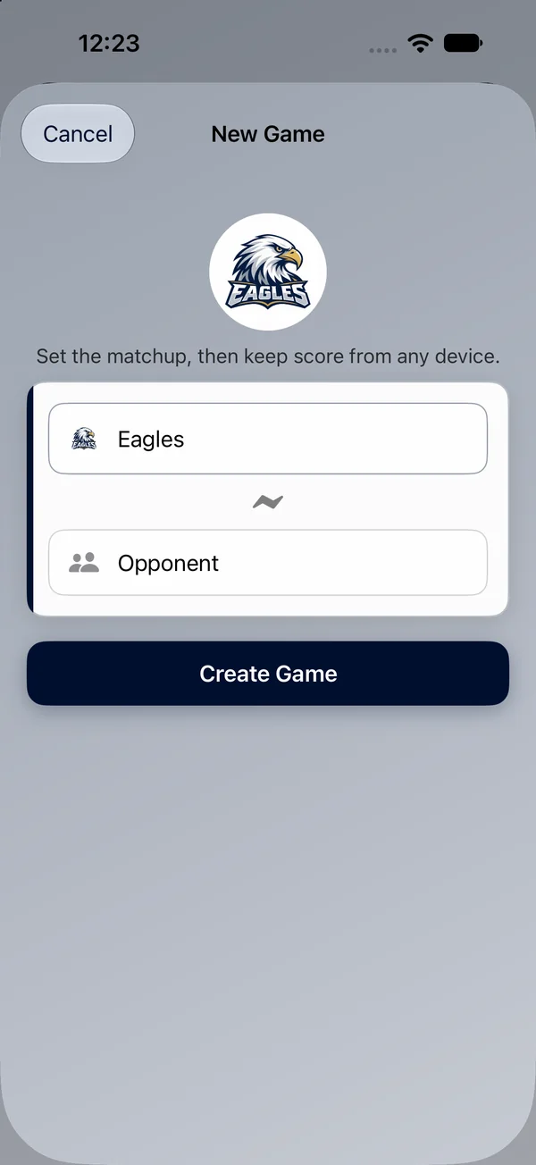 New Game sheet setting up Eagles versus Opponent