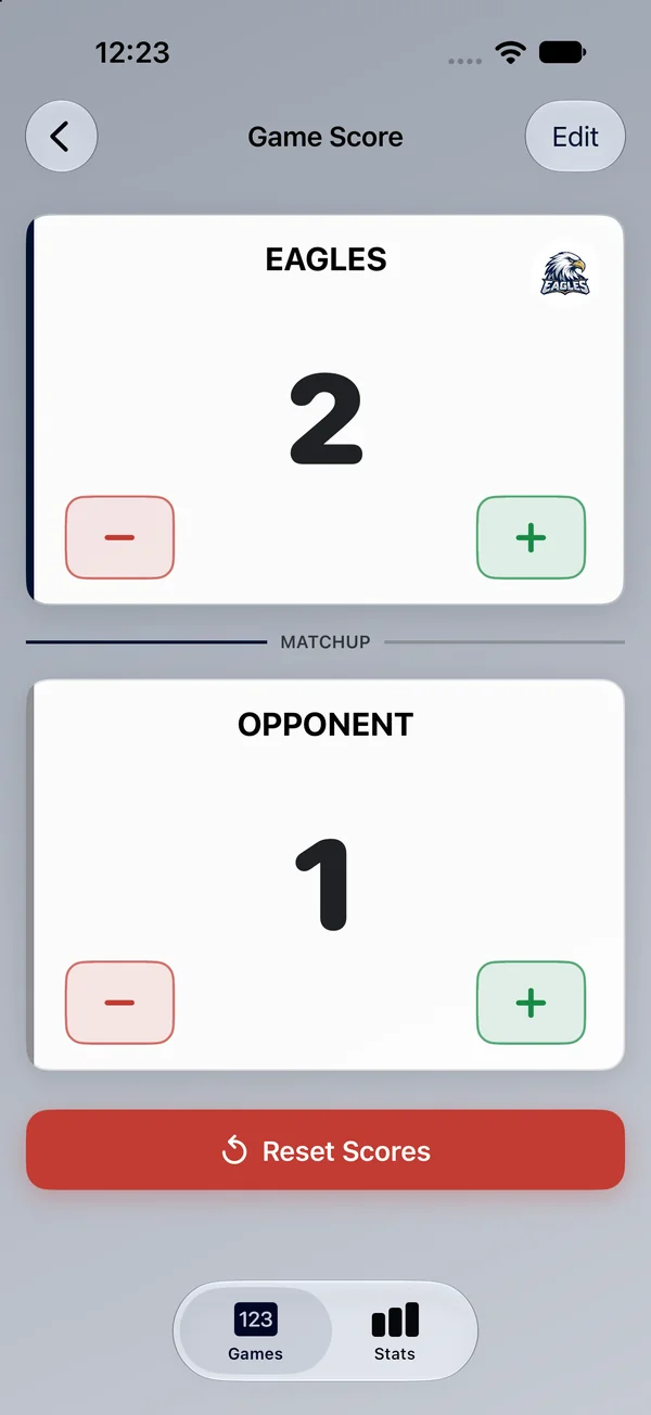 Live game score, Eagles 2 Opponent 1, with plus and minus buttons for each team