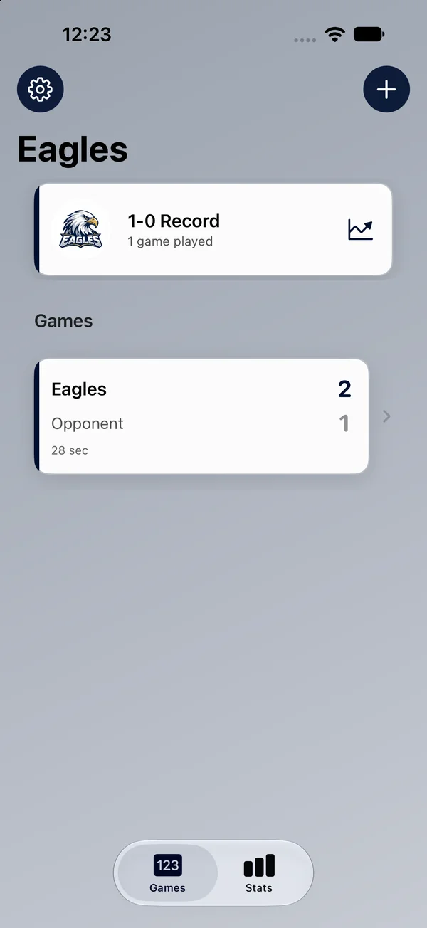Games list showing a 1-0 record and the finished game
