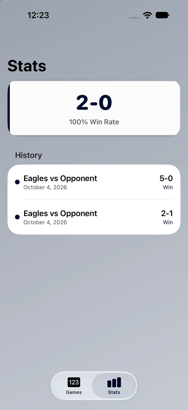 Stats screen with a 2-0 record, 100% win rate and game history