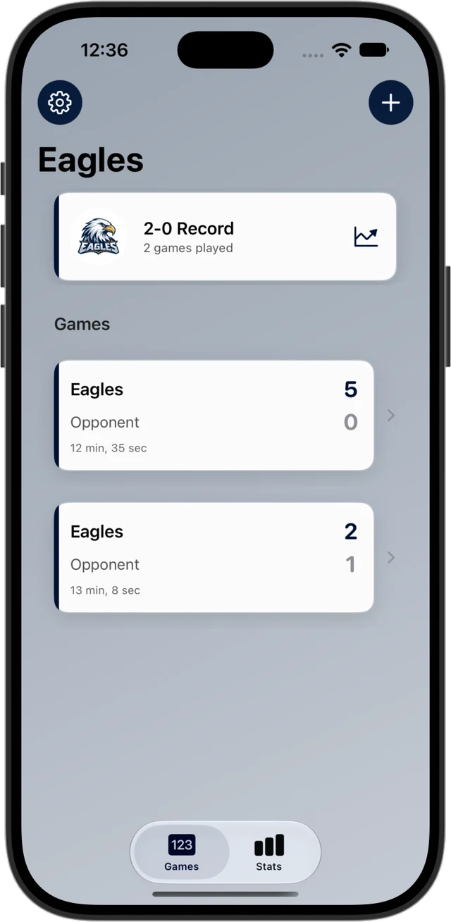 ScoreT on iPhone showing the Eagles' 2-0 record and recent games
